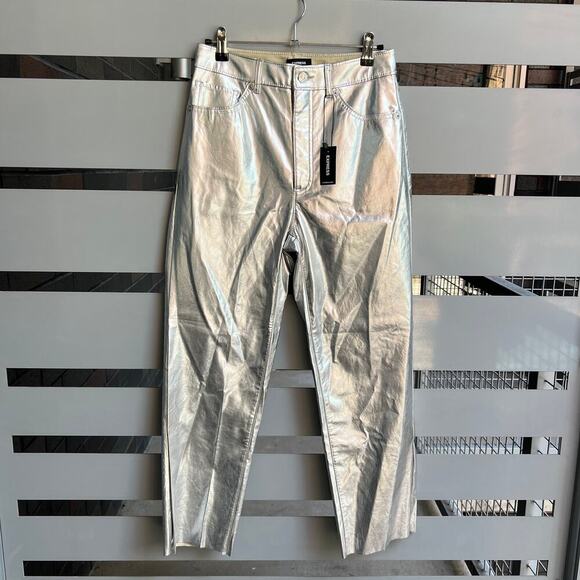 NWT Express Silver Metallic Straight Leg High Rise Pants Size 4 - Picture 2 of 8